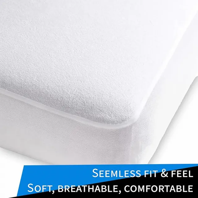 Cotton Terry Mattress Protector - Queen, Fitted, 100% Waterproof, Breathable, Soft & Comfortable