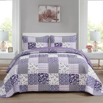 Purple Quilt Set Queen Size,3 Pieces Boho Floral Plaid Bedspread Coverlet Set for All Season,Patchwork Reversible Bedding Set